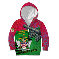 Saint Kitts and Nevis Apparel Kid Hoodie with National Coat of Arms and Cannon Graphic in Red and Green Cultural Pattern Design - Wonder Print Shop