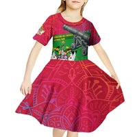Saint Kitts and Nevis Apparel Kid Short Sleeve Dress with National Coat of Arms and Cannon Graphic in Red and Green Cultural Pattern Design - Wonder Print Shop