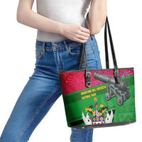 Saint Kitts and Nevis Apparel Leather Tote Bag with National Coat of Arms and Cannon Graphic in Red and Green Cultural Pattern Design - Wonder Print Shop