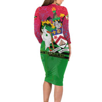Saint Kitts and Nevis Apparel Long Sleeve Bodycon Dress with National Coat of Arms and Cannon Graphic in Red and Green Cultural Pattern Design - Wonder Print Shop