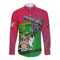 Saint Kitts and Nevis Apparel Long Sleeve Button Shirt with National Coat of Arms and Cannon Graphic in Red and Green Cultural Pattern Design - Wonder Print Shop
