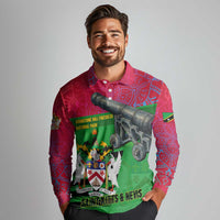 Saint Kitts and Nevis Apparel Long Sleeve Polo Shirt with National Coat of Arms and Cannon Graphic in Red and Green Cultural Pattern Design - Wonder Print Shop