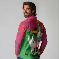 Saint Kitts and Nevis Apparel Long Sleeve Polo Shirt with National Coat of Arms and Cannon Graphic in Red and Green Cultural Pattern Design - Wonder Print Shop