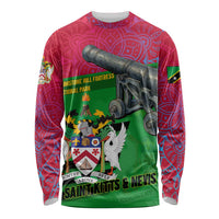 Saint Kitts and Nevis Apparel Long Sleeve Shirt with National Coat of Arms and Cannon Graphic in Red and Green Cultural Pattern Design - Wonder Print Shop