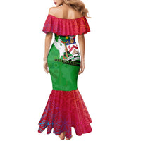Saint Kitts and Nevis Apparel Mermaid Dress with National Coat of Arms and Cannon Graphic in Red and Green Cultural Pattern Design - Wonder Print Shop