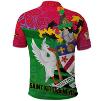 Saint Kitts and Nevis Apparel Polo Shirt with National Coat of Arms and Cannon Graphic in Red and Green Cultural Pattern Design - Wonder Print Shop