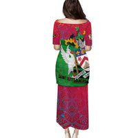 Saint Kitts and Nevis Apparel Puletasi with National Coat of Arms and Cannon Graphic in Red and Green Cultural Pattern Design - Wonder Print Shop