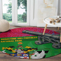 Saint Kitts and Nevis Apparel Round Carpet with National Coat of Arms and Cannon Graphic in Red and Green Cultural Pattern Design - Wonder Print Shop