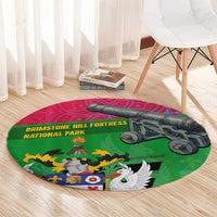 Saint Kitts and Nevis Apparel Round Carpet with National Coat of Arms and Cannon Graphic in Red and Green Cultural Pattern Design - Wonder Print Shop