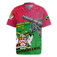 Saint Kitts and Nevis Apparel Rugby Jersey with National Coat of Arms and Cannon Graphic in Red and Green Cultural Pattern Design - Wonder Print Shop