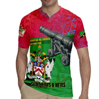 Saint Kitts and Nevis Apparel Rugby Jersey with National Coat of Arms and Cannon Graphic in Red and Green Cultural Pattern Design - Wonder Print Shop