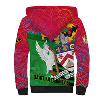 Saint Kitts and Nevis Apparel Sherpa Hoodie with National Coat of Arms and Cannon Graphic in Red and Green Cultural Pattern Design - Wonder Print Shop