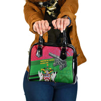 Saint Kitts and Nevis Apparel Shoulder Handbag with National Coat of Arms and Cannon Graphic in Red and Green Cultural Pattern Design - Wonder Print Shop