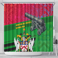Saint Kitts and Nevis Apparel Shower Curtain with National Coat of Arms and Cannon Graphic in Red and Green Cultural Pattern Design - Wonder Print Shop