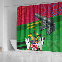Saint Kitts and Nevis Apparel Shower Curtain with National Coat of Arms and Cannon Graphic in Red and Green Cultural Pattern Design - Wonder Print Shop