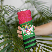 Saint Kitts and Nevis Apparel Skinny Tumbler with National Coat of Arms and Cannon Graphic in Red and Green Cultural Pattern Design - Wonder Print Shop