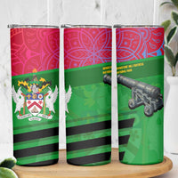 Saint Kitts and Nevis Apparel Skinny Tumbler with National Coat of Arms and Cannon Graphic in Red and Green Cultural Pattern Design - Wonder Print Shop