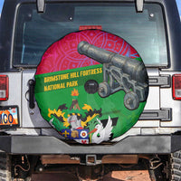 Saint Kitts and Nevis Apparel Spare Tire Cover with National Coat of Arms and Cannon Graphic in Red and Green Cultural Pattern Design - Wonder Print Shop