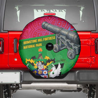 Saint Kitts and Nevis Apparel Spare Tire Cover with National Coat of Arms and Cannon Graphic in Red and Green Cultural Pattern Design - Wonder Print Shop