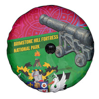 Saint Kitts and Nevis Apparel Spare Tire Cover with National Coat of Arms and Cannon Graphic in Red and Green Cultural Pattern Design - Wonder Print Shop