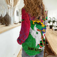 Saint Kitts and Nevis Apparel Women Casual Shirt with National Coat of Arms and Cannon Graphic in Red and Green Cultural Pattern Design - Wonder Print Shop