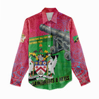 Saint Kitts and Nevis Apparel Women Casual Shirt with National Coat of Arms and Cannon Graphic in Red and Green Cultural Pattern Design - Wonder Print Shop