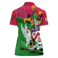 Saint Kitts and Nevis Apparel Women Polo Shirt with National Coat of Arms and Cannon Graphic in Red and Green Cultural Pattern Design - Wonder Print Shop