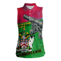Saint Kitts and Nevis Apparel Women Sleeveless Polo Shirt with National Coat of Arms and Cannon Graphic in Red and Green Cultural Pattern Design - Wonder Print Shop