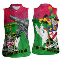 Saint Kitts and Nevis Apparel Women Sleeveless Polo Shirt with National Coat of Arms and Cannon Graphic in Red and Green Cultural Pattern Design - Wonder Print Shop