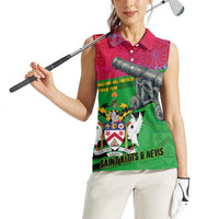 Saint Kitts and Nevis Apparel Women Sleeveless Polo Shirt with National Coat of Arms and Cannon Graphic in Red and Green Cultural Pattern Design - Wonder Print Shop
