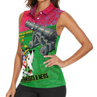 Saint Kitts and Nevis Apparel Women Sleeveless Polo Shirt with National Coat of Arms and Cannon Graphic in Red and Green Cultural Pattern Design - Wonder Print Shop
