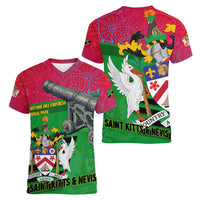 Saint Kitts and Nevis Apparel Women V-Neck T-Shirt with National Coat of Arms and Cannon Graphic in Red and Green Cultural Pattern Design - Wonder Print Shop