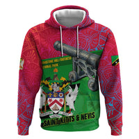 Saint Kitts and Nevis Apparel Zip Hoodie with National Coat of Arms and Cannon Graphic in Red and Green Cultural Pattern Design - Wonder Print Shop