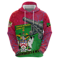 Saint Kitts and Nevis Apparel Zip Hoodie with National Coat of Arms and Cannon Graphic in Red and Green Cultural Pattern Design - Wonder Print Shop