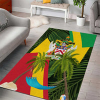 Saint Kitts and Nevis Apparel Area Rug with Coat of Arms, Palm Trees, and Hammock Graphic in Tropical Green and Flag-Inspired Design - Wonder Print Shop