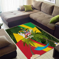 Saint Kitts and Nevis Apparel Area Rug with Coat of Arms, Palm Trees, and Hammock Graphic in Tropical Green and Flag-Inspired Design - Wonder Print Shop