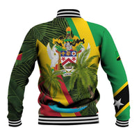Saint Kitts and Nevis Apparel Baseball Jacket with Coat of Arms, Palm Trees, and Hammock Graphic in Tropical Green and Flag-Inspired Design - Wonder Print Shop