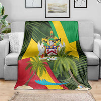 Saint Kitts and Nevis Apparel Blanket with Coat of Arms, Palm Trees, and Hammock Graphic in Tropical Green and Flag-Inspired Design - Wonder Print Shop