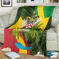 Saint Kitts and Nevis Apparel Blanket with Coat of Arms, Palm Trees, and Hammock Graphic in Tropical Green and Flag-Inspired Design - Wonder Print Shop