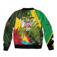Saint Kitts and Nevis Apparel Bomber Jacket with Coat of Arms, Palm Trees, and Hammock Graphic in Tropical Green and Flag-Inspired Design - Wonder Print Shop