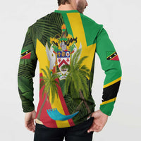 Saint Kitts and Nevis Apparel Button Sweatshirt with Coat of Arms, Palm Trees, and Hammock Graphic in Tropical Green and Flag-Inspired Design - Wonder Print Shop