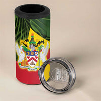 Saint Kitts and Nevis Apparel 4 in 1 Can Cooler Tumbler with Coat of Arms, Palm Trees, and Hammock Graphic in Tropical Green and Flag-Inspired Design - Wonder Print Shop