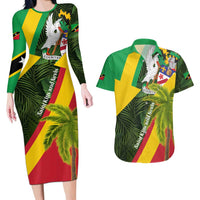 Saint Kitts and Nevis Apparel Couples Matching Long Sleeve Bodycon Dress and Hawaiian Shirt with Coat of Arms, Palm Trees, and Hammock Graphic in Tropical Green and Flag-Inspired Design - Wonder Print Shop