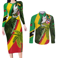 Saint Kitts and Nevis Apparel Couples Matching Long Sleeve Bodycon Dress and Long Sleeve Button Shirt with Coat of Arms, Palm Trees, and Hammock Graphic in Tropical Green and Flag-Inspired Design - Wonder Print Shop