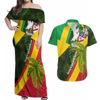 Saint Kitts and Nevis Apparel Couples Matching Off Shoulder Maxi Dress and Hawaiian Shirt with Coat of Arms, Palm Trees, and Hammock Graphic in Tropical Green and Flag-Inspired Design - Wonder Print Shop