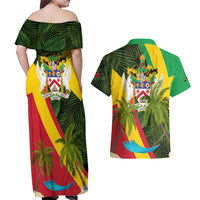 Saint Kitts and Nevis Apparel Couples Matching Off Shoulder Maxi Dress and Hawaiian Shirt with Coat of Arms, Palm Trees, and Hammock Graphic in Tropical Green and Flag-Inspired Design - Wonder Print Shop