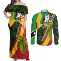 Saint Kitts and Nevis Apparel Couples Matching Off Shoulder Maxi Dress and Long Sleeve Button Shirt with Coat of Arms, Palm Trees, and Hammock Graphic in Tropical Green and Flag-Inspired Design - Wonder Print Shop