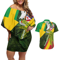 Saint Kitts and Nevis Apparel Couples Matching Off Shoulder Short Dress and Hawaiian Shirt with Coat of Arms, Palm Trees, and Hammock Graphic in Tropical Green and Flag-Inspired Design - Wonder Print Shop