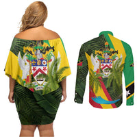 Saint Kitts and Nevis Apparel Couples Matching Off Shoulder Short Dress and Long Sleeve Button Shirt with Coat of Arms, Palm Trees, and Hammock Graphic in Tropical Green and Flag-Inspired Design - Wonder Print Shop