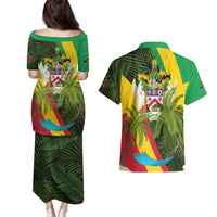 Saint Kitts and Nevis Apparel Couples Matching Puletasi and Hawaiian Shirt with Coat of Arms, Palm Trees, and Hammock Graphic in Tropical Green and Flag-Inspired Design - Wonder Print Shop